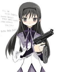 Rule 34 | 1girl, akemi homura, akemi homura (magical girl), beretta 92, black hair, english text, gun, handgun, holding, holding gun, holding weapon, long hair, looking at viewer, mahou shoujo madoka magica, purple eyes, simple background, solo, toshi (little-fluffy-cloud), weapon, white background