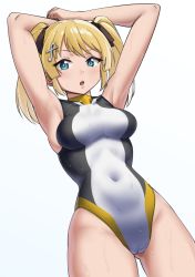 1girl arms_behind_head battle_girl_high_school black_ribbon blonde_hair blue_eyes cameltoe commission competition_swimsuit covered_navel cowboy_shot forte_(symbol) fortissimo hair_ornament hair_ribbon kougami_kanon long_hair looking_at_viewer makino_harumaki multicolored_swimsuit musical_note musical_note_hair_ornament one-piece_swimsuit ribbon skeb_commission solo swimsuit twintails
