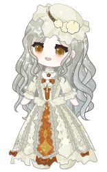 Rule 34 | 1girl, absurdres, blonde hair, bow, bowtie, brown bow, brown bowtie, brown eyes, brown flower, choker, deformed, diamond print, dream banquet (infinity nikki), dress, dress bow, flower, frilled choker, frilled dress, frilled headwear, frilled sleeves, frills, full body, grey hair, happy, hat, hat bow, highres, infinity nikki, light blush, long dress, long hair, long sleeves, neck flower, nikki (series), open mouth, parted bangs, puffy long sleeves, puffy sleeves, shoes, sidelocks, simple background, smile, solo, standing, striped bow, striped bowtie, striped clothes, tareme, very long hair, wavy hair, white background, white bow, white choker, white dress, white hat, white shoes, zhizhizhizhizhizong