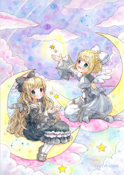 2girls :d angel_wings back_cutout black_bow black_dress black_shoes blonde_hair blush bow closed_mouth clothing_cutout cloud commentary_request crescent_moon dress emo_(mikan) green_eyes grey_dress grey_shoes hair_bow half_updo heterochromia highres long_hair long_sleeves mary_janes moon multiple_girls open_mouth original outstretched_arm painting_(medium) purple_eyes shoes siblings sisters smile star_(symbol) traditional_media twins very_long_hair watercolor_(medium) white_bow wings