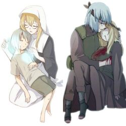 1boy 1girl apron bad_id bad_pixiv_id barefoot bidarian black_dress blonde_hair blood closed_eyes closed_mouth death dress flak_jacket grey_hair grey_shirt grey_shorts headband injury jacket long_hair long_sleeves naruto_(series) naruto_shippuuden ninja round_eyewear sandals shirt shorts simple_background single_sleeve toes veil waist_apron white_apron white_background yakushi_kabuto yakushi_nonou
