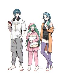 1boy 2girls alternate_costume alternate_hairstyle barefoot black_shirt black_shorts blue_eyes blue_hair cellphone closed_eyes commentary_request contemporary dual_persona female_byleth_(fire_emblem) fire_emblem fire_emblem:_three_houses full_body green_hair grey_pants highres holding holding_phone hugging_object long_hair looking_at_another male_byleth_(fire_emblem) multiple_girls nintendo off_shoulder open_mouth pajamas pants papipupepo4989 phone pillow pillow_hug pink_pajamas pointy_ears purple_thighhighs shirt short_hair short_sleeves shorts simple_background sleepy sleeveless sleeveless_shirt sothis_(fire_emblem) standing standing_on_one_leg thighhighs toes white_background yawning