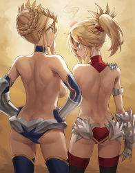 2girls ahoge armor artoria_pendragon_(fate) artoria_pendragon_(lancer)_(fate) ass back blonde_hair blush braid braided_bun breasts butt_crack closed_mouth crown dimples_of_venus elbow_gloves fate/apocrypha fate/grand_order fate_(series) faulds female_focus french_braid gauntlets gloves green_eyes hair_bun hair_ornament hair_scrunchie hands_on_own_hips head_bump highres large_breasts long_hair looking_at_another mature_female mordred_(fate) mordred_(fate/apocrypha) mother_and_daughter multiple_girls panties ponytail pout red_scrunchie revision scrunchie shoulder_blades sidelocks single_hair_bun small_breasts thighhighs thighs tonee topless_female underwear