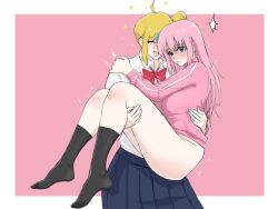 Rule 34 | 2girls, ^^^, ahoge, black socks, blonde hair, blue eyes, blue skirt, blush, bocchi the rock!, bottomless, bow, bowtie, carrying, chinese commentary, clenched teeth, closed eyes, collared shirt, commentary request, cube hair ornament, detached ahoge, gotoh hitori, hair ornament, highres, hug, ijichi nijika, inuitakumi49, jacket, multiple girls, one side up, open mouth, pink background, pink hair, pink jacket, pink track suit, pleated skirt, princess carry, red bow, red bowtie, shaded face, shirt, skirt, smile, socks, sparkle, teeth, thighs, track suit, twitching, two-tone background, white background, white shirt, yuri