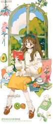 1girl ankle_socks antique_phone avocado blue_bow blue_sky book bookmark bouquet bow brown_eyes brown_hair brown_shoes chinese_commentary closed_mouth cloud commentary_request commission cup day dot_nose expressionless eyelashes eyeshadow flower food footwear_ribbon fruit full_body fur-trimmed_shoes hair_bow hand_on_lap highres holding holding_book kiwi_(fruit) light_blush lipstick loafers long_hair long_sleeves makeup medium_skirt nail_polish notebook on_windowsill open_book original pencil_skirt phone pink_bow pink_eyeshadow pink_flower pink_rose puffy_long_sleeves puffy_sleeves putong_xiao_gou rabbit reading red_lips red_nails ribbon rose rotary_phone saucer shirt shoes sidelocks sitting skirt sky socks solo stuffed_animal stuffed_toy tape teacup teddy_bear tree turtleneck turtleneck_shirt vase white_background white_flower white_ribbon white_shirt white_socks window yellow_skirt