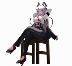 1girl absurdres armband arms_behind_head black_armband black_bra black_horns black_pants black_shoes black_tail bra bra_visible_through_clothes breasts button_gap chen_kang collared_shirt commentary crossed_legs curled_horns demon_tail full_body hair_between_eyes high-waist_pants high_heels highres horns large_breasts looking_at_viewer multicolored_hair necktie on_chair pants red_eyes red_necktie shirt shirt_tucked_in shoes sitting solo streaked_hair tail tight_clothes tight_pants underwear white_hair white_shirt wuthering_waves zani_(wuthering_waves)
