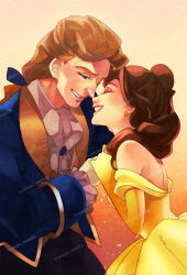 1boy 1girl bare_shoulders beast_(disney) beauty_and_the_beast_(disney) belle_(disney) blue_eyes brown_hair closed_eyes commentary_request dress earrings elbow_gloves gloves highres jewelry lipstick makeup md5_mismatch personification prince_adam_(disney) red_lips smile u-u-min white_gloves yellow_dress yellow_gloves