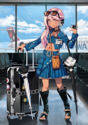 1girl airport belt belt_buckle black-framed_eyewear black_boots black_choker black_nails black_umbrella blue_belt blue_jacket blue_shirt blue_skirt boots buckle character_name chloe_von_einzbern chloe_von_einzbern_(swimsuit_avenger) chloe_von_einzbern_(swimsuit_avenger)_(first_ascension) choker closed_mouth closed_umbrella crop_top cropped_jacket dark-skinned_female dark_skin eyewear_on_head fate/grand_order fate_(series) fingernails flower full_body game_cg hair_flower hair_ornament hair_over_shoulder hair_tie halterneck hand_up hiroyama_hiroshi holding holding_umbrella id_card jacket jewelry lanyard lapels legs_apart long_hair long_sleeves looking_at_viewer low_side_ponytail midriff miniskirt nail_polish navel notched_lapels official_art open-toe_boots open_clothes open_jacket ornate_ring outstretched_arm pink_eyes pink_hair pleated_skirt red_tattoo ring rolling_suitcase shirt shoulder_strap skirt smartphone_pouch smile solo standing stomach_tattoo suitcase sunglasses tattoo third-party_source toenails umbrella v-shaped_eyebrows variant_set white_umbrella