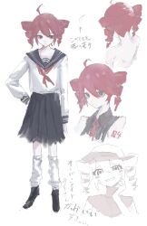 1girl ahoge arm_tattoo baseball_cap black_sailor_collar black_shirt black_skirt closed_mouth drill_hair expressionless hair_between_eyes hair_through_headwear hand_on_own_hip hat highres kachimashita kasane_teto long_sleeves neckerchief nude number_tattoo override_(synthesizer_v) parted_lips pleated_skirt red_hair red_neckerchief sailor_collar shirt short_hair skirt sleeveless sleeveless_shirt smile tattoo translation_request twin_drills utau white_shirt