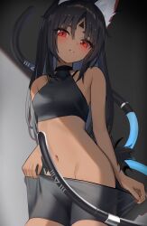 1girl absurdres animal_ear_fluff animal_ears bike_shorts bike_shorts_pull black_hair blush breasts cable cable_tail cat_ears cat_girl cat_tail commentary cowboy_shot crop_top dark_skin facial_mark forehead_tattoo highres loli long_hair looking_at_viewer mechanical_tail midriff multiple_tails navel nekomiya_mana parted_lips red_eyes small_breasts solo stomach tail thomas_8000 triangle triangle_facial_mark two_tails zenless_zone_zero