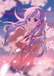 1girl breasts cherry_blossoms dress falling_petals fate/stay_night fate_(series) floating_hair flower hair_ribbon highres homurabara_academy_school_uniform kanameakiko long_hair long_sleeves looking_at_viewer matou_sakura neck_ribbon open_mouth outdoors petals pink_flower pink_petals pink_ribbon purple_eyes purple_hair ribbon school_uniform skirt smile solo spring_(season) standing tree wind