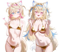 2girls absurdres animal_ear_fluff animal_ears bandaid bandaid_hair_ornament blonde_hair blue_eyes blush breasts cameltoe dog_ears dog_girl dog_tail fuwawa_abyssgard golden_week_bikini hair_ornament hairband headband heart highres holoadvent hololive hololive_english horn_hairband large_breasts long_hair looking_at_viewer midriff mococo_abyssgard multicolored_hair multiple_girls pantsu_shot pink_hairband pink_headband red_eyes short_hair siblings simple_background sisters small_breasts streaked_hair tail twins virtual_youtuber white_background x_hair_ornament