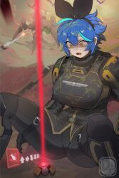 1girl alien armor bile_titan black_armor black_pants black_ribbon blue_hair blurry blurry_background breastplate breasts bug command_input dif_(difman) difman giant giant_monster glowing hair_ribbon helldivers_(series) highres huge_breasts laser looking_down mole mole_under_eye original pants ribbon science_fiction short_hair solo_focus spread_legs stratagem_(helldivers) surprised terminid_(helldivers) wide-eyed