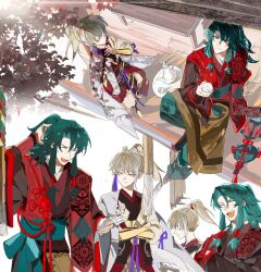 2boys archer_(fate/samurai_remnant) brendas46157301 chinese_clothes chinese_hairpin choko_(cup) closed_eyes crossed_arms cup dizi fate/samurai_remnant fate_(series) flute green_hair green_sash grey_hair hair_tubes hanfu high_ponytail highres holding holding_cup holding_flute holding_instrument holding_paper instrument long_hair long_sleeves looking_at_another looking_up multicolored_hair multiple_boys multiple_views omikuji open_mouth paper plate playing_flute playing_instrument ponytail purple_ribbon red_eyes ribbon sash sitting smile sweatdrop table tassel teeth transverse_flute tree upper_teeth_only wide_sleeves yellow_eyes zheng_chenggong_(fate)