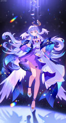 1girl absurdres bare_shoulders blue_hair bow bracelet closed_mouth dress dress_bow earrings face_jewel full_body gloves halo head_wings highres honkai:_star_rail honkai_(series) jewel_under_eye jewelry long_hair looking_at_viewer purple_bow purple_dress purple_gloves robin_(honkai:_star_rail) robin_(star_rail_live_2024)_(honkai:_star_rail) shoes single_earring smile solo standing standing_on_one_leg viclim-monou white_shoes white_wings wings