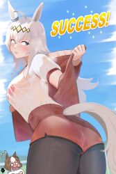2girls ahoge animal_ears ass belno_light_(umamusume) black_pantyhose blue_sky blush breasts brown_hair clothing_cutout commentary_request cowboy_shot ear_ornament english_text flying_sweatdrops from_behind grey_hair hair_between_eyes hair_ornament hairclip highres holding holding_towel horse_ears horse_girl horse_tail jacket large_breasts long_hair long_sleeves mr.t multicolored_hair multiple_girls oguri_cap_(umamusume) open_mouth panties pantyhose parted_lips puffy_short_sleeves puffy_sleeves red_jacket red_shorts removing_jacket see-through_clothes shirt short_hair short_sleeves shorts sidelocks sky steaming_body streaked_hair tail tail_through_clothes towel umamusume umamusume:_cinderella_gray underwear very_long_hair white_hair white_shirt