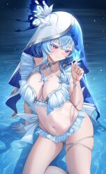 1girl adapted_costume arm_support bare_legs bikini blue_bikini blue_butterfly blue_hair blue_veil blush breasts bug butterfly butterfly_on_hand closed_mouth colored_eyelashes commentary covered_navel hair_between_eyes hand_up highres insect large_breasts legs long_hair looking_at_animal lunacle paid_reward_available purple_eyes shorekeeper_(wuthering_waves) sitting skindentation smile solo swimsuit symbol-only_commentary two-tone_veil veil water white_veil wuthering_waves