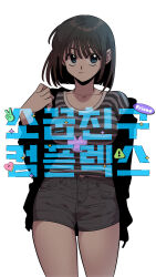 1girl black_jacket blue_eyes breasts brown_hair brown_shorts childhood_friend_complex closed_mouth eunhi hand_up highres jacket korean_commentary large_breasts lee_ha-neul official_art open_clothes open_jacket serious shirt short_hair shorts simple_background solo striped_clothes striped_shirt white_background