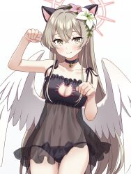 1girl angel_wings animal_ears animal_print bell black_nightgown black_panties blue_archive breasts brown_hair cat_cutout cat_ears cat_panties cat_print cleavage_cutout clothing_cutout commentary_request covered_navel cowboy_shot fake_animal_ears flower gesupi_(provlemsolver57) hair_flower hair_ornament halo highres large_breasts long_hair looking_at_viewer nagisa_(blue_archive) neck_bell nightgown panties paw_pose print_panties red_halo see-through_nightgown simple_background solo thighs underwear very_long_hair white_background wings yellow_eyes