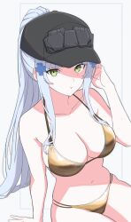 1girl absurdres alternate_costume baseball_cap bikini black_hat blue_hair breasts cleavage closed_mouth collarbone commentary_request girls&#039;_frontline girls&#039;_frontline_2:_exilium gold_bikini golden_week golden_week_bikini green_eyes grey_background hand_up hat highres hk416_(girls&#039;_frontline) klukai_(girls&#039;_frontline_2) long_hair looking_at_viewer navel ponytail pout sidelocks simple_background sitting solo stomach swimsuit tattoo teardrop_facial_mark teardrop_tattoo uchikata_takeaki