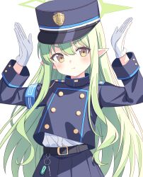 Rule 34 | &gt;:(, 1girl, :t, absurdres, armband, belt, black belt, blue archive, blue armband, blue hat, blue jacket, blue skirt, buttons, commentary request, cropped jacket, double-breasted, gloves, green hair, green halo, hair between eyes, halo, hands up, hat, head tilt, highres, hikari (blue archive), jacket, kepi, light blush, long hair, looking at viewer, military hat, pleated skirt, pointy ears, pout, setteiset, shirt, shirt tucked in, sidelocks, skirt, solo, v-shaped eyebrows, very long hair, white background, white gloves, white shirt, yellow eyes