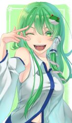 Rule 34 | 1girl, bare shoulders, blue skirt, breasts, collared shirt, detached sleeves, frog hair ornament, green background, green eyes, green hair, hair between eyes, hair ornament, hair tubes, highres, kochiya sanae, long hair, looking at viewer, medium breasts, navel, one eye closed, open mouth, senri nibe, shirt, single hair tube, skirt, smile, snake hair ornament, solo, teeth, touhou, upper body, v, v over eye, white shirt