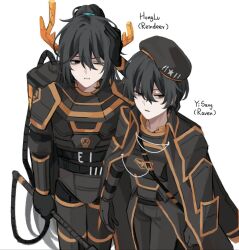 Rule 34 | 2boys, antlers, armor, belt, beret, black armor, black eyes, black hair, double-parted bangs, english text, hair between eyes, hat, high ponytail, holding, holding stick, hong lu (project moon), horns, limbus company, multiple boys, one eye closed, orange trim, ponytail, project moon, r corp. (identity) (project moon), stick, upper body, white background, wuzinan19, yi sang (project moon)