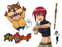 1girl crossover ghost hinoki_(hinoki-buro) hiyorimi_hiro kaibutsu-kun kaibutsu_oujo looking_at_viewer midriff navel ookami_otoko_(kaibutsu-kun) orange_eyes parody red_hair riza_wildman short_hair translation_request whisper_(youkai_watch) youkai_watch
