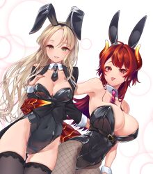 2girls animal_ears bare_shoulders black_necktie black_thighhighs blonde_hair blush breasts cleavage detached_collar dola_(nijisanji) dragon_girl dragon_horns dragon_tail fake_animal_ears fishnets green_eyes hakkaku_shikimi horns large_breasts lava leotard long_hair looking_at_viewer medium_breasts multiple_girls necktie nijisanji playboy_bunny purple_necktie rabbit_ears red_eyes red_hair simple_background sister_claire smile tail thighhighs tongue tongue_out virtual_youtuber