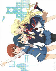 3girls :d absurdres arm_up artist_name black_pantyhose blonde_hair blue_eyes blue_hair blue_hoodie blue_skirt blue_socks blue_sweater blue_vest blush bow bowtie brown_eyes brown_hair buttons collared_shirt cowboy_shot double-breasted exif_rotation fang hair_bun hair_ornament hairclip highres hood hood_down hoodie inokuma_youko kin-iro_mosaic komichi_aya kujou_karen long_hair looking_at_viewer miniskirt moegi_high_school_uniform multiple_girls non-web_source official_art open_clothes open_hoodie open_mouth pantyhose pink_bow pink_bowtie pleated_skirt red_shoes scan school_uniform shirt shoes short_hair sidelocks single_hair_bun skirt smile socks standing striped_bow striped_bowtie striped_clothes sweater ueda_kazuyuki vest white_shirt winter_uniform x_hair_ornament