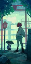2girls absurdres amate_yuzuriha black_hair black_shoes blue_jacket blue_skirt commentary english_commentary gundam gundam_gquuuuuux hand_up highres holding holding_umbrella jacket lantern long_hair multiple_girls nyaan_(gundam_gquuuuuux) outdoors red_hair shide shoes short_hair skirt standing sweater togekk0 umbrella wet white_sweater