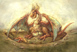 aged_down beak brigadewing capcom dragon egg feathers hatching in_nest monster monster_hunter_(series) nest no_humans sitting wyvern yian_kut-ku