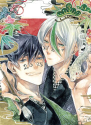 Rule 34 | 2025, 2boys, black hair, blue lock, chinese zodiac, green hair, karasu tabito, looking at viewer, male focus, mole, mole under eye, multicolored hair, multiple boys, otoya eita, painting (medium), short hair, smile, traditional media, two-tone hair, user rwwk8883, watercolor (medium), white hair, year of the snake