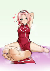1girl absurdres armpits barefoot feet foot_focus green_eyes haruno_sakura highres light_blush looking_at_viewer losty medium_hair naruto_(series) parted_lips pink_hair soles steam toes