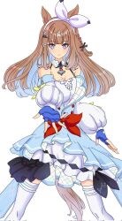 +_+ 1girl almond_eye_(umamusume) animal_ears bare_shoulders black_ribbon blue_dress blue_gloves blue_hair blunt_bangs blush bow braid breast_suppress breasts brown_hair buttons cleavage collarbone colored_inner_hair commentary_request cowboy_shot detached_collar detached_sleeves double-breasted dress ear_ornament fingerless_gloves gloves hair_bow hair_ornament hair_ribbon hairclip hand_up highres horse_ears horse_girl horse_tail large_breasts light_smile long_hair looking_at_viewer multicolored_hair red_bow red_button remi-yuka-taimama ribbon short_braid side_braid sidelocks simple_background single_braid skirt sleeve_bow solo sparkling_eyes straight_hair tail thick_eyelashes two-tone_hair umamusume white_background white_bow white_skirt white_sleeve_cuffs yellow_bow