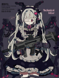 1girl android animal_ear_hairband animal_ears apron assault_rifle black_bow black_bowtie black_dress black_hairband bow bowtie chinese_commentary commentary_request cowboy_shot dot_nose dress english_text eyelashes eyepatch fake_animal_ears frilled_apron frilled_dress frilled_sleeves frills grey_hair gun hair_intakes hair_ornament hairband hairclip headphones heart heart_hair_ornament holding holding_gun holding_weapon long_hair long_sidelocks maid mechanical_arms mechanical_ears mechanical_wings medical_eyepatch open_mouth original puffy_short_sleeves puffy_sleeves purple_background putong_xiao_gou rabbit_ear_hairband rabbit_ears red_eyes rifle sample_watermark science_fiction short_dress short_sleeves sidelocks simple_background solo standing tareme thighhighs twintails very_long_hair watermark weapon white_apron wings x_hair_ornament