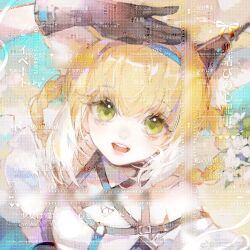 animal_ear_fluff animal_ears arknights bare_shoulders black_gloves blonde_hair blue_hairband blue_sky braid braided_hair_rings chinese_commentary collarbone colored_tips commentary_request commission criss-cross_straps crossed_bangs dagongren_baozai eyelashes fox_ears fox_tail frilled_sleeves frills gloves green_eyes hair_between_eyes hair_rings hairband hand_on_own_head happy heart highres light_blush lips multicolored_hair multiple_tails off-shoulder_shirt off_shoulder open_mouth outdoors pink_lips sample_watermark shirt short_sleeves sky smile suzuran_(arknights) tail teeth too_many_watermarks two-tone_hair watermark weibo_watermark white_hair white_shirt