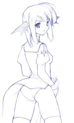Rule 34 | 1girl, 2000s (style), ass, blush, breasts, cowboy shot, demon wings, dress, flat ass, from behind, greyscale, head wings, juliet sleeves, kinoshita ichi, long sleeves, looking at viewer, looking back, medium breasts, monochrome, open mouth, panties, priest (ragnarok online), puffy sleeves, ragnarok online, simple background, solo, thighhighs, underwear, wind, wind lift, wings