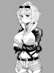 1girl belt belt_buckle blush bra bra_peek breasts buckle closed_mouth commentary_request crossed_arms eui_666 eyewear_on_head fur-trimmed_jacket fur_trim girls&#039;_frontline greyscale grizzly_mkv_(girls&#039;_frontline) highres jacket korean_commentary large_breasts looking_at_viewer monochrome open_clothes open_jacket short_hair short_shorts shorts simple_background solo sunglasses underwear