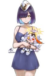 1girl alternate_costume artist_name baldr_(fire_emblem) baldr_(fire_emblem_heroes) black_hair blonde_hair breasts character_doll cleavage doll fire_emblem fire_emblem_heroes garrison_cap hair_over_one_eye hat highres hodr_(fire_emblem) holding holding_doll loungewear medium_breasts nintendo rotomdocs short_hair simple_background solo white_background