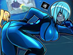 angry ass black_eyes blonde_hair blue_background blue_eyes blue_hair blue_skin blush bored breasts chibi colored_skin controller dark_samus game game_controller halo_(game) halo_(series) hand_on_own_face hand_on_own_hip iriomote_umineko large_breasts lying metroid metroid_prime metroid_prime_2:_echoes nintendo on_ground open_mouth ponytail samus_aran short_hair skin_tight wraith_(halo) zero_suit