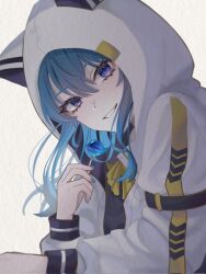 1girl animal_ears animal_hood blue_hair blue_nails candy cat_ears cat_hood fake_animal_ears food hair_between_eyes hand_up hashtag-only_commentary highres holding holding_candy holding_food holding_lollipop hololive hood hood_up hooded_jacket hoshimachi_suisei hoshimachi_suisei_(school_uniform) jacket lollipop long_hair long_sleeves looking_at_viewer nessue official_alternate_costume official_alternate_hair_length official_alternate_hairstyle parted_lips purple_eyes simple_background smile solo upper_body virtual_youtuber white_background white_jacket