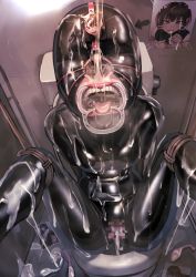 Rule 34 | 1girl, absurdres, bdsm, black hair, bodysuit, bondage, bound, breasts, bukkake, commission, cum, cum on body, cumdump, gimp mask, hair between eyes, hairband, highres, human toilet, kilye kairi, latex, latex bodysuit, mask, nose hook, open mouth, original, restrained, saliva, skeb commission, skin tight, solo, spread legs, tongue, tongue out