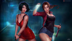 Rule 34 | ada wong, black hair, breasts, brown hair, capcom, choker, claire redfield, cleavage, denim, dress, flashlight, gun, handgun, highres, jacket, knife, looking at viewer, medium hair, multiple girls, ponytail, prywinko, red dress, resident evil, resident evil 2, resident evil 2 (remake), short hair, shorts, weapon