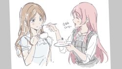 2girls bang_dream! bang_dream!_it&#039;s_mygo!!!!! blue_eyes brown_hair cake chihaya_anon closed_eyes closed_mouth commentary cup dress fang feeding food grey_dress hashtag-only_commentary holding holding_cup korean_text long_hair multiple_girls nagasaki_soyo open_mouth pinafore_dress pink_hair plaid_clothes plaid_dress shirt short_sleeves sidelocks sleeveless sleeveless_dress translation_request white_shirt yaya_(p2ach2y2s)
