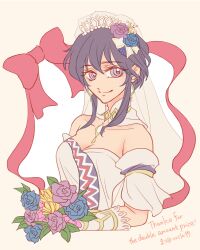 1girl black_hair blue_flower blue_rose bouquet bracer breasts bridal_veil bride brooch choker cleavage commission commissioner_upload dress earrings fire_emblem fire_emblem:_genealogy_of_the_holy_war fire_emblem_heroes flower hair_flower hair_ornament highres holding holding_bouquet jewelry larcei_(fire_emblem) looking_to_the_side medium_breasts nintendo official_alternate_costume purple_eyes purple_flower purple_rose ribbon rose short_hair sidelocks skeb_commission smile solo strapless strapless_dress tiara ursla99 veil wedding_dress yellow_flower