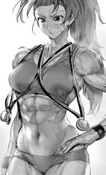 1girl abs absurdres bandage_on_cheek biceps breasts captain_mizuki furrowed_brow hand_on_own_hip high_ponytail highres long_hair medal medium_breasts midriff monochrome muscular muscular_female navel niwarhythm one-punch_man ponytail sports_bikini sports_bra sportswear sweat veins veiny_arms wristband