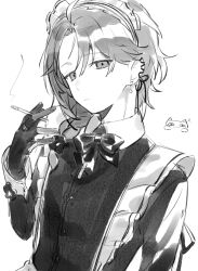 1boy apron bow bowtie braid cigarette closed_mouth collared_dress crossdressing dress ear_piercing earrings expressionless flower_hairtie gloves greyscale hair_over_shoulder highres holding holding_cigarette jewelry kanae_(20th_costume)_(nijisanji) kanae_(nijisanji) long_sleeves looking_at_viewer maid maid_apron maid_headdress male_focus male_maid monochrome nijisanji official_alternate_costume piercing roto_(kanae) short_braid single_braid sketch solo tu_neninemui upper_body virtual_youtuber