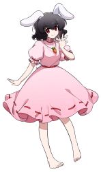 1girl absurdres animal_ears artist_request barefoot black_hair carrot_necklace closed_mouth commentary commentary_request dress english_commentary floppy_ears full_body highres inaba_tewi jewelry looking_at_viewer medium_hair mixed-language_commentary necklace pendant pink_dress psd_available puffy_short_sleeves puffy_sleeves rabbit_ears rabbit_girl rabbit_tail red_eyes ribbon-trimmed_dress ribbon_trim second-party_source short_sleeves smile solo tachi-e tail toes touhou transparent_background