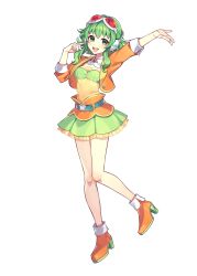 1girl arm_up bare_legs belt boots brooch frilled_skirt frills full_body goggles goggles_on_head green_eyes green_hair green_skirt green_tube_top gumi gumi_(ai_megpoid) hand_in_own_hair hand_up headphones high_heels highres jacket jewelry layered_skirt looking_at_viewer medium_hair nou_(nounknown) official_art open_mouth orange_boots orange_jacket orange_skirt outstretched_arm pleated_skirt red_goggles shirt sidelocks skirt smile solo strapless teeth third-party_edit third-party_source transparent_background tube_top upper_teeth_only vocaloid yellow_shirt